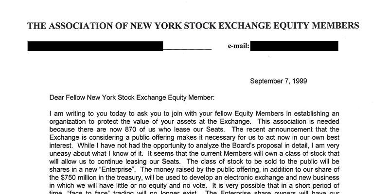 Letter to The Association of New York Stock Exchange Equity Members